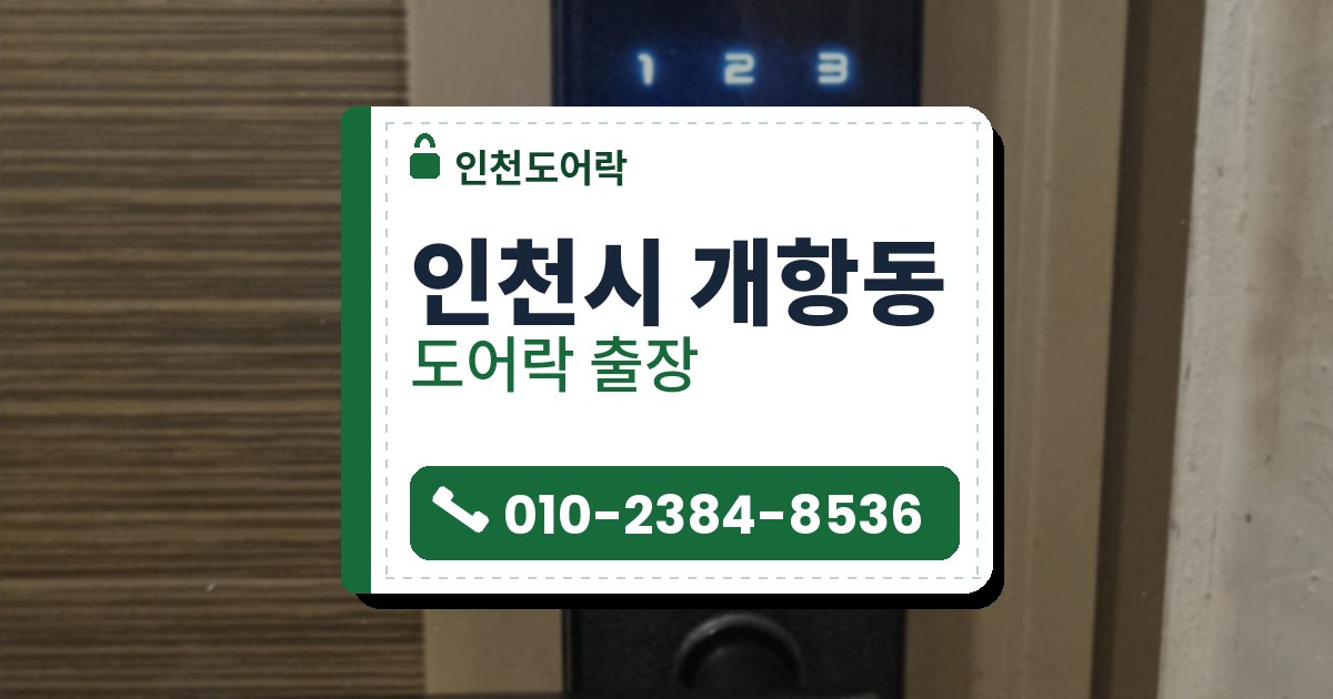 인천시 개항동 출장 — 정면에서 찍은 파란 불 번호판의 검은 레버형 도어락과 줄무늬 면 옆 카키색 문